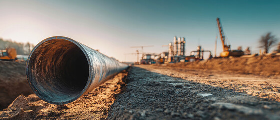 Long industrial pipeline at a construction site for a new gas st