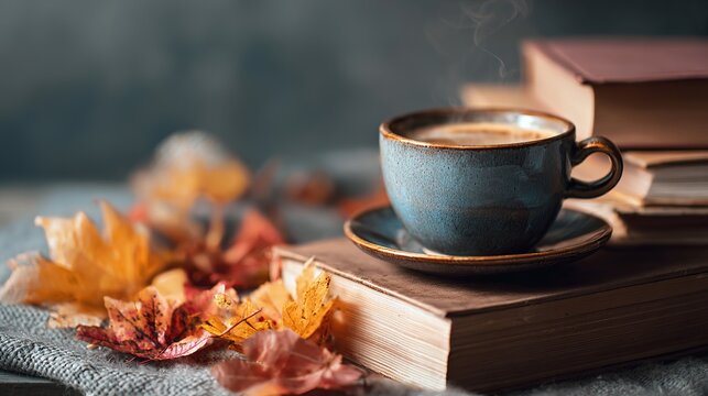 Cozy autumn vibes with steaming coffee, vintage books, and colorful fall leaves for a comforting seasonal backdrop and warm aesthetic appeal