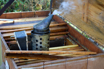 Close-up of a smoking bee smoker on an open beehive box filled with honeycomb frames, illustrating...