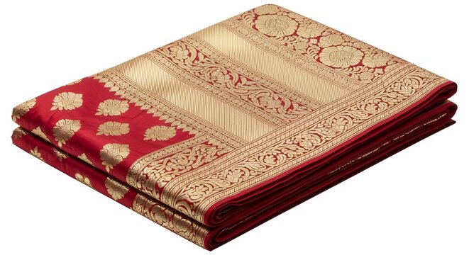 Luxurious traditional Indian red and gold silk saree fabric folded for commerce. isolated PNG with Transparent Background