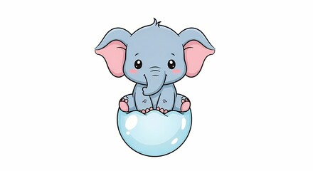 Fototapeta premium Cute Baby Elephant Sitting Inside Eggshell Cartoon Illustration