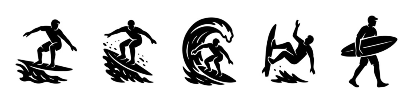 urfing silhouette icons ,wave ride, barrel, wipeout, surfer with board