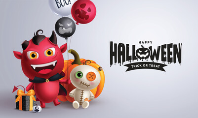 Halloween greeting text vector design. Happy Halloween trick or treat with cute demon holding balloons and scary mummy characters for horror invitation card design. Vector illustration.