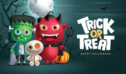 Trick or treat Halloween vector design. Happy Halloween and trick or treat greeting text with zombie, demon and mummy doll characters in night scary grave yard background. Vector illustration horror
