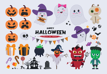 Halloween elements vector set design. Happy Halloween text with pumpkins, ghost, demon, monster, gift box decoration elements flat collection isolated in white background. Vector illustration