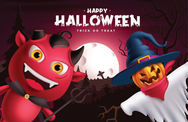 Halloween greeting text vector design. Happy Halloween trick or treat greeting text with demon and scarecrow characters in full moon forest night background. Vector illustration horror scary design. 
