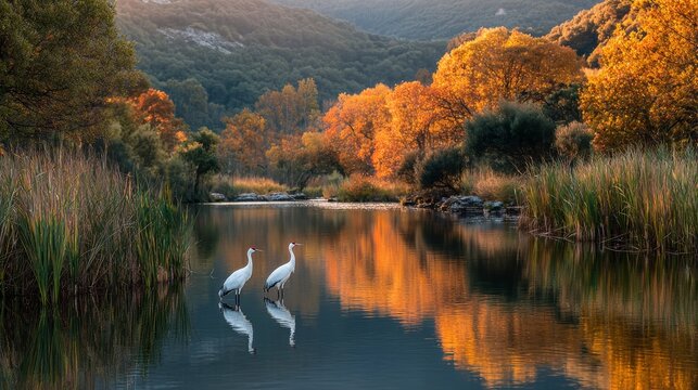 Pair of Cranes Standing in Golden Autumn Lake Surrounded by Forest Hills - Powered by Adobe
