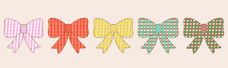 Set of Pastel Coquette Christmas Decorative Ornaments and candy, Doodle Hand Drawn, Vintage paper fabric Bows Seamless Pattern. Retro Decorative Tied Knots and Ribbons with polka dot. Holiday wrapping