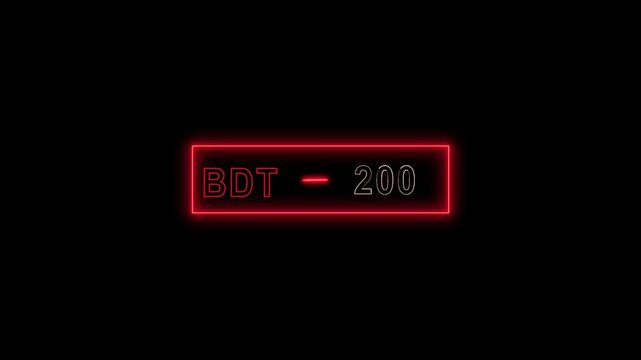 Red Neon Outline Around Text BDT and Number 195 on Black Background light sign. Bright red neon outline text bdt 195 shining, Neon red glowing text BDT and number 195 light sign on dark screen.