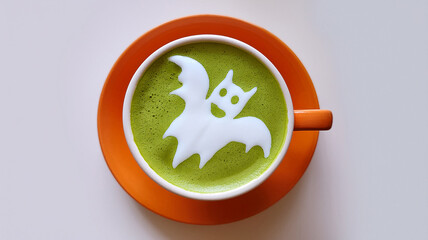 Top view of green tea Matcha Latte in orange ceramic cup with Halloween-themed latte art isolated on white background. This Matcha Latte features a bat halloween ghost design.  Generated image