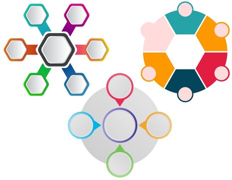 Colorful infographic elements set. Hexagon workflow, cycle diagram, and mind map templates for business presentation