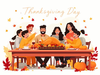 Family celebrating Thanksgiving Day with a roasted turkey on the table.