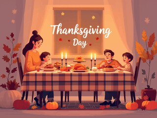Family celebrating Thanksgiving Day with a festive meal at home.
