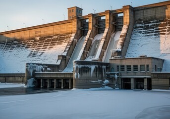 A large dam covered in snow and icicles with frozen water in the foreground under a clear sky