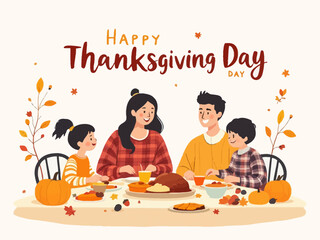 Illustration of a family celebrating Thanksgiving Day with a festive meal.