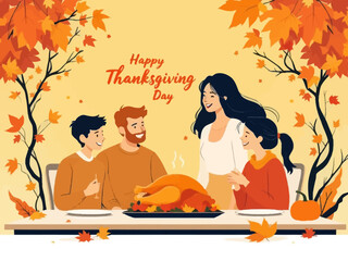Thanksgiving Day family dinner illustration with turkey, parents, and children at the table.