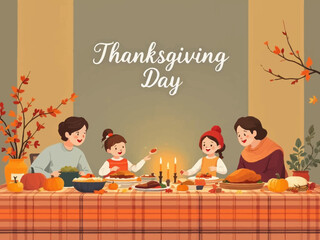 A family celebrating Thanksgiving Day with a festive dinner.