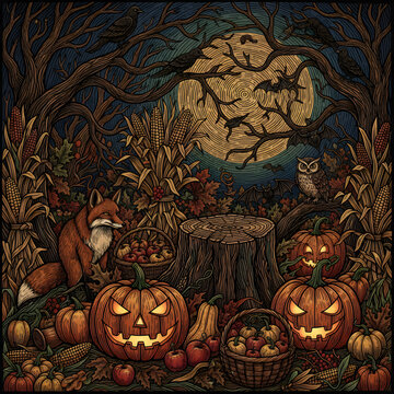 Vintage Halloween Forest Scene with Fox, Owls, Pumpkins, and Full Moon