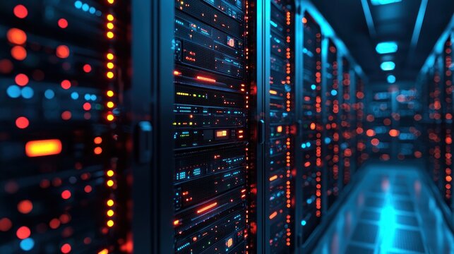 Illuminated Server Room with Rows of Racks and Blinking Lights.