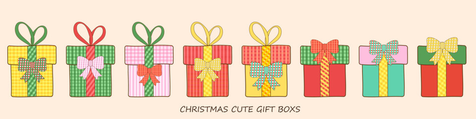 Set of Pastel Coquette Christmas Decorative Ornaments and candy, Doodle Hand Drawn, Vintage paper fabric Bows Seamless Pattern. Retro Decorative Tied Knots and Ribbons with polka dot. Holiday wrapping