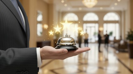 A businessman holding a service bell with five glowing stars, hotel franchise compliance review, hospitality business legal compliance