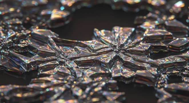 Abstract crystalline structures refract light with iridescent hues.