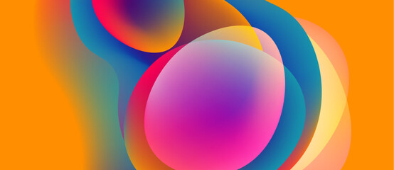 Abstract fluid shapes overlap, creating vibrant color blends. Orange background provides contrast, smooth gradients dominate composition.