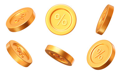 3D set golden coins with percent sign. Round discount icon with different angles.  Stock vector illustration on isolated background.	
