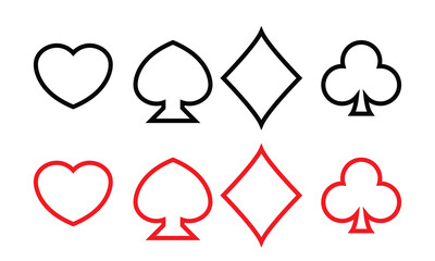 Black and red playing card icon. Illustration of black and red playing card suits including hearts, spades, diamonds, and clubs, representing classic casino and poker design.
