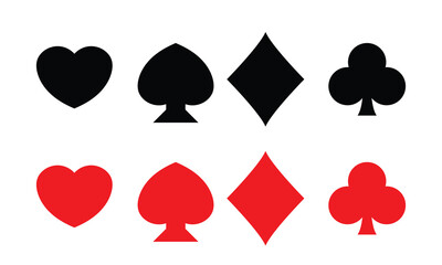 Black and red playing card icon. Illustration of black and red playing card suits including hearts, spades, diamonds, and clubs, representing classic casino and poker design.
