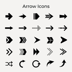 Diverse Set of Arrow Icons in Black and White Vector Illustration for Direction and Navigation