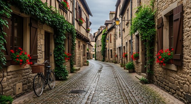 Fototapeta A charming, wet cobblestone street winding through a historical French village, lined with medieval stone buildings, red geraniums, and lush green ivy.