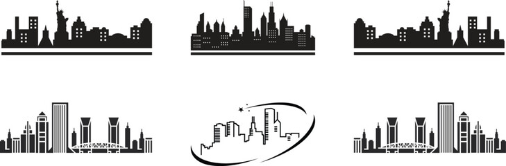 Urban cityscape silhouettes vector illustration. Night town skyline or black city buildings isolated on white background