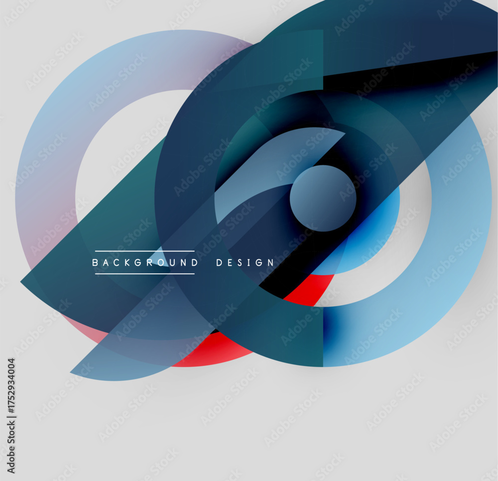 Poster abstract geometric shapes overlap, creating dynamic composition. cool blues, reds, grays dominate ne