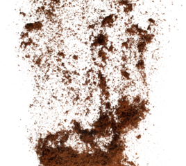 Coconut peel husk flying explosion, coconut chopped fine small S size fall down as dust. Coconut powder peel fertilizer splash throwing in Air. White background Isolated high speed shutter, freeze