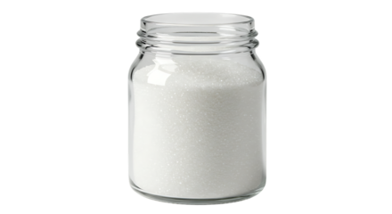 A clear glass jar filled with fine white sugar, ready for baking and cooking needs