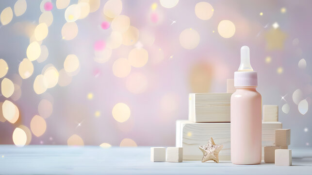 Baby bottle and wooden blocks in a gentle pastel nursery setting with bokeh lights