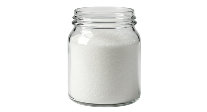 A clear glass jar filled with fine white sugar, ready for baking and cooking needs
