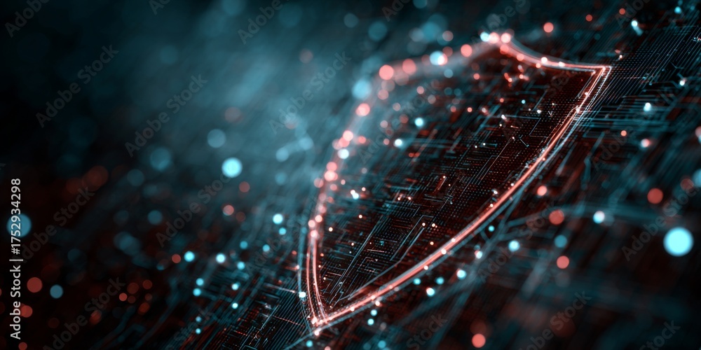 Wall mural futuristic digital shield with data lines and glowing particles for cybersecurity conceptual illustr