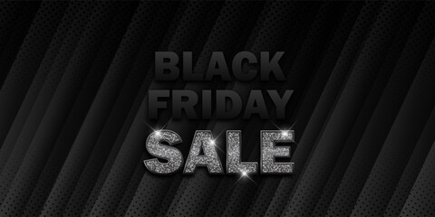 Abstract Black Friday Sale banner with silver glitter text design 