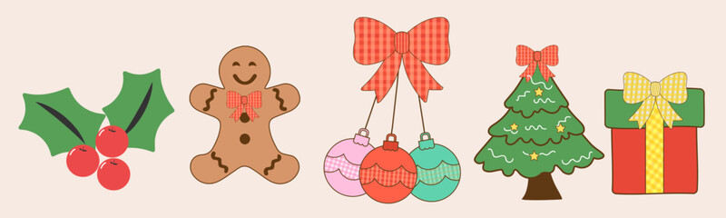 Set of Pastel Coquette Christmas Decorative Ornaments and candy, Doodle Hand Drawn, Vintage paper fabric Bows Seamless Pattern. Retro Decorative Tied Knots and Ribbons with polka dot. Holiday wrapping