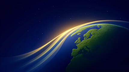 Fototapeta premium World in orbit: A breathtaking image showing planet Earth, beautifully illuminated by streaks of light. The vibrant depiction of the earth amidst the dark space.