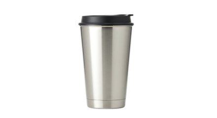 Silver stainless steel travel mug with black lid, perfect for hot beverages on the go