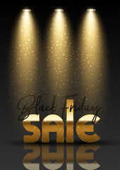 Black Friday Sale background with golden lettering under 3 gold spotlights with sparkles