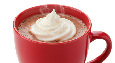 Close up of a delicious steaming mug of hot chocolate topped with whipped cream
