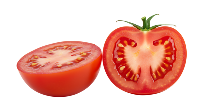 A vibrant fresh tomato cut in half showcasing its juicy red flesh and seeds on a white background