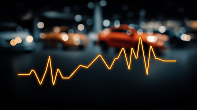 Car market trends analysis: An abstract representation of market growth and fluctuation with a neon pulse line overlaid on a blurry dealership environment with vibrant cars in the background.