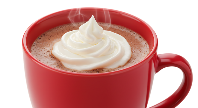 Close up of a delicious steaming mug of hot chocolate topped with whipped cream