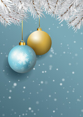 Christmas card background with hanging baubles on snowy design