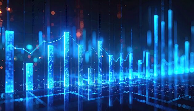 Abstract Blue Digital Data Visualization With Vertical Bars And Lines Representing Financial Growth And Technology On A Dark Background